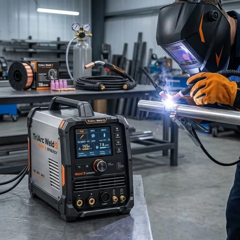 Triarc Weld 9 LCD kijelző szinergikus módban beállított árammal és huzalsebességgel