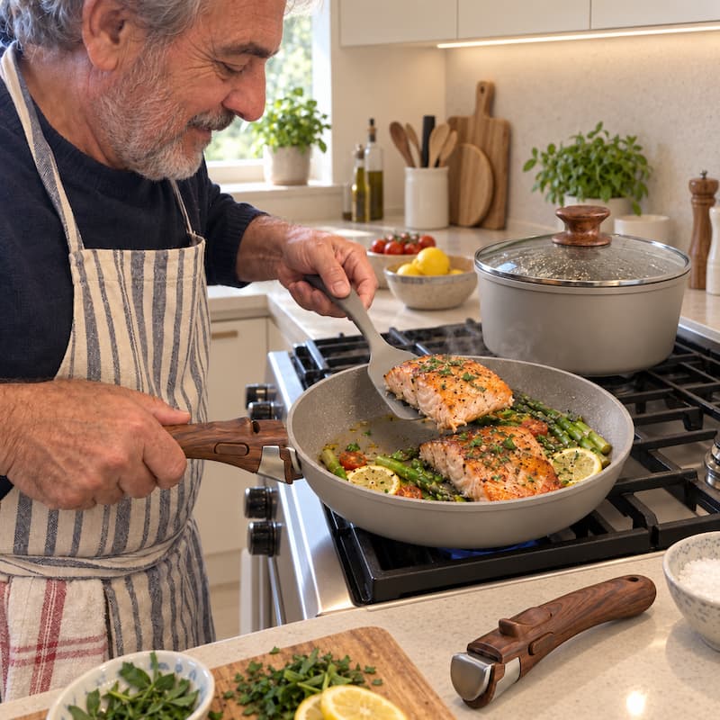 Cliente che cucina con padella e pentola Maison Pure