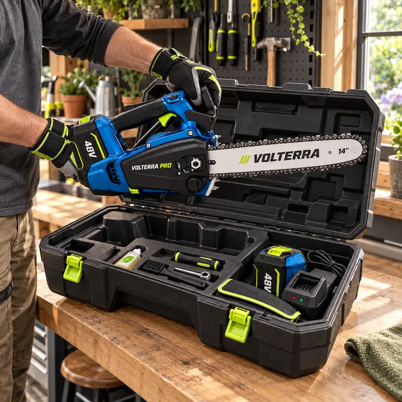 VolterraPro u otvorenom koferu s drugom baterijom 48V, punjačem, uljem i dodacima